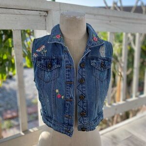Highway Jeans Distressed Blue Denim Vest with Floral Accents